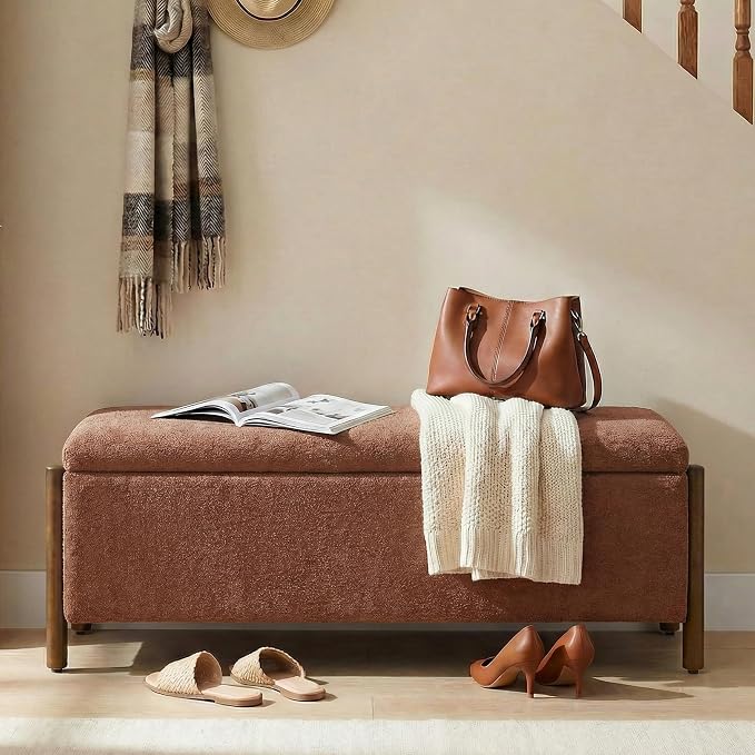 Usaint Wooden Storage Ottoman Bench, 47" Fabric Upholstered End of Storage Bench with Rubberwood Legs, Entryway Bench with Storage for Bedroom, Living Room, Reception, Cloakroom, Rusty Red