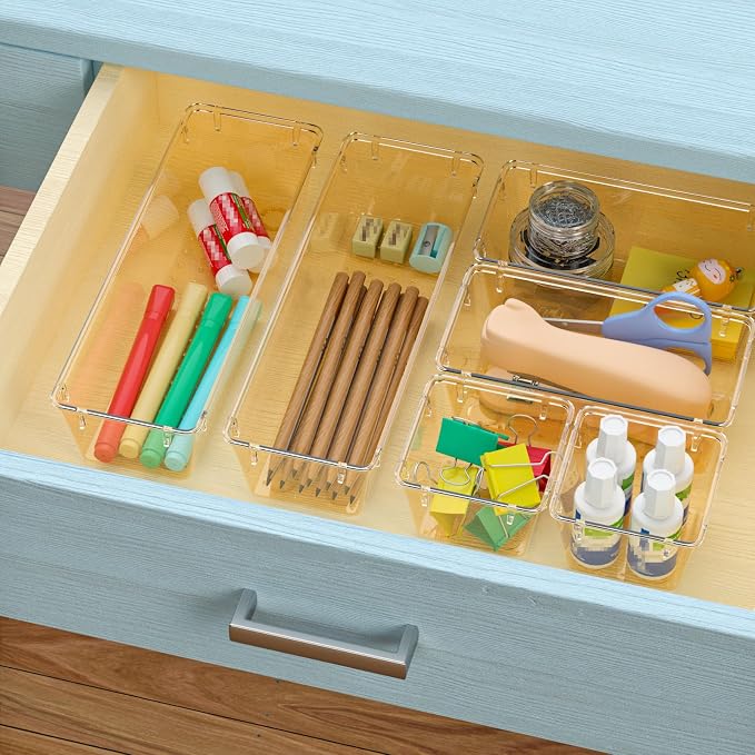 WOWBOX 9 Pack Clear Drawer Organizer Set, Acrylic Drawer Storage Trays, Storage Bins for Makeup, Cosmetics, Jewelries, Utensils, Gadgets, Office, Champagne