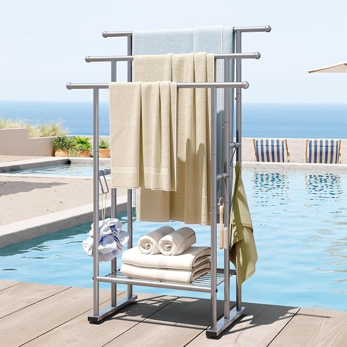 ELYKEN 3 Tier Freestanding Towel Rack with Shelf, 40" H Towel Stand, Silver | Metal Drying Rack for Oversized Bath Towels & Blankets, 4 Hooks, Indoor & Outdoor Use, Fits Bathroom, Tub, Shower, Poolside