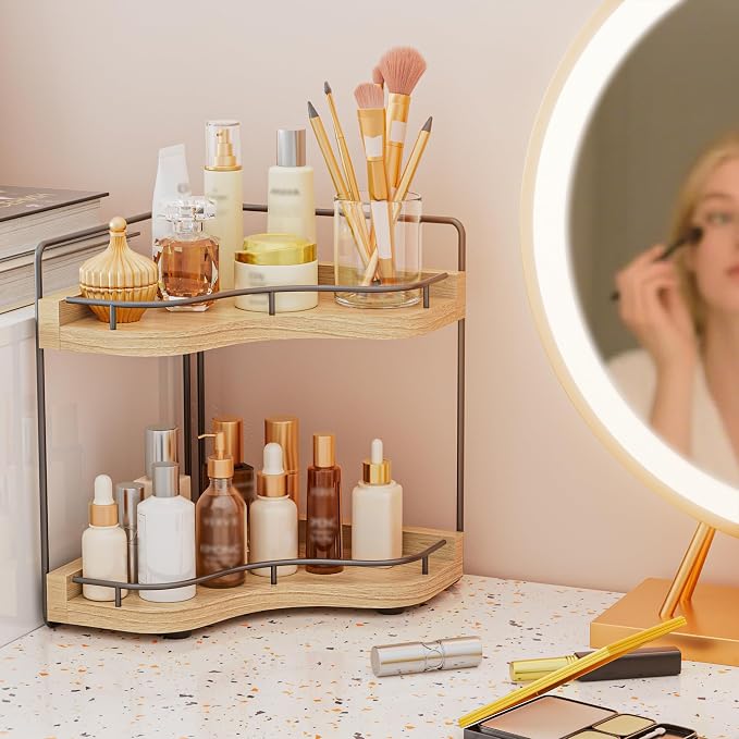 2-Tier Corner Bathroom Counter Organizer, Larger Size | Embedded Screw Holes, Sturdy & Stable, Oversized, Holds More, Vanity Shelf for Makeup & Skincare, ‎‎Light Walnut