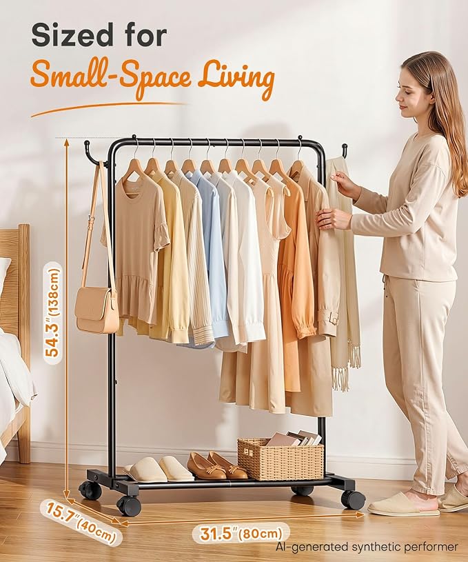 Homde Portable Clothes Rack for Bedroom: 4 Lockable Wheel Move Room-to-Room | Laundry to Closet in 1 Smooth Roll - No Heavy Lifting for Renters & Movers - 88 lbs Hanging Rod for Garment Coat to T-Shirt