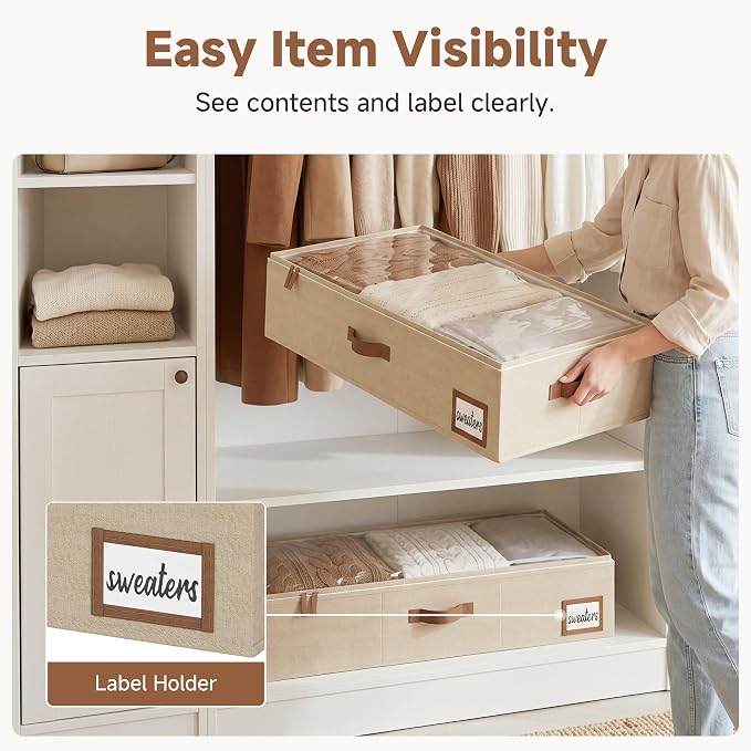 StorageWorks Large Under Bed Storage Containers with Handles and Label Holder, 2 Pack Ultra-thick Fabric Underbed Bins, Closet Organizer for Clothes, Blankets, Sweater