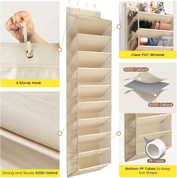 Mefirt 20-25 Pairs Over the Door Shoe Organizer, Clear Pockets Shoe Rack for Closet Door, 10-Tier Hanging Shoe Rack for Boots, Behind the Door Shoe Holder Fit All the Family's Sneakers, Heels, Beige