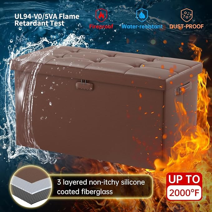 ENGPOW Storage Ottoman Bench,Fireproof Folding Bench with Lock,30 Inches Fire＆Water Resistant Storage Chest Foot Rest Stool Leather Bedroom Bench with Storage Safe for Document,Valuables, Brown