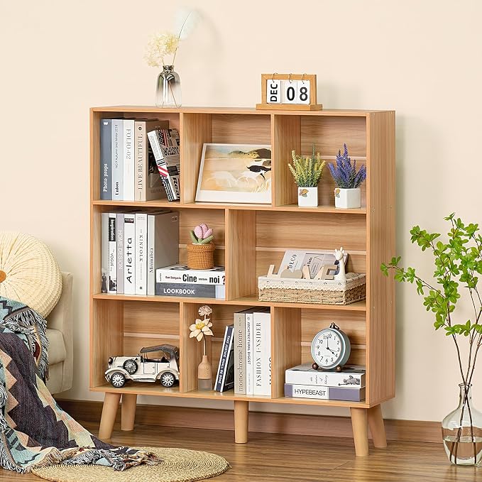 LEYAOYAO 5 Cube Bookshelf, Mid-Century Modern Book Shelf with Legs, Natural | 3 Tier Bookcase, Rustic Wood Bookshelves Freestanding Small Storage Organizer, Open Shelves for Bedroom, Living Room, Office