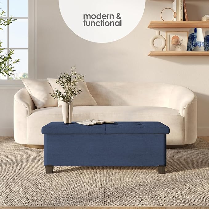 Storage Ottoman Bench with Bins, 43-in Storage Bench for Bedroom End of Bed, Folding Foot Rest Ottoman for Living Room Max 660lbs, Fabric Ottomans, Blue