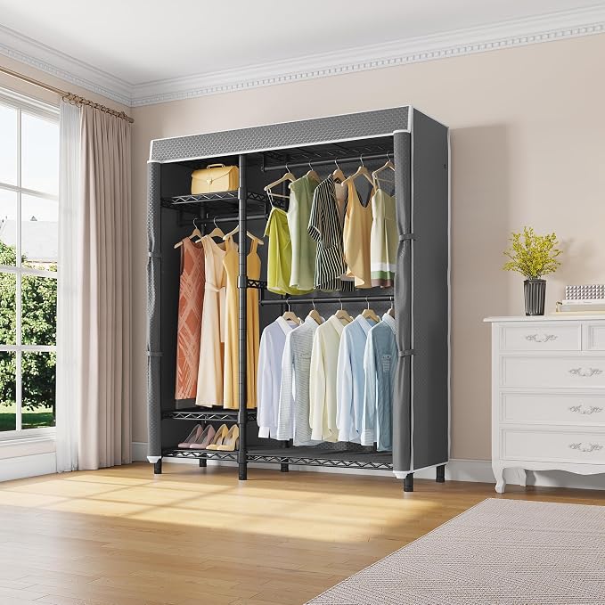 VIPEK V2C Heavy Duty Clothes Rack with Grey Upgraded Polyester Cover | Portable Metal Closet Rack with Adjustable Shelves & Hanging Rods, Freestanding Wardrobe Closet for Bedroom, 700LBS