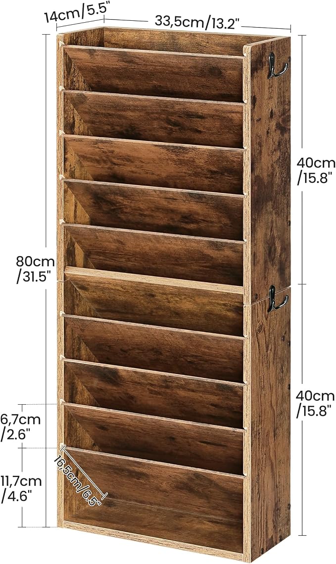 CHOEZON Wall File Organizer, 10-Tier Hanging Mail Organizer, Wall Mount File Holder with 4 Side Hooks, Mail and Storage Organizer, Wooden Vertical Hanging Holder for Office, Rustic Brown MWJ03FG