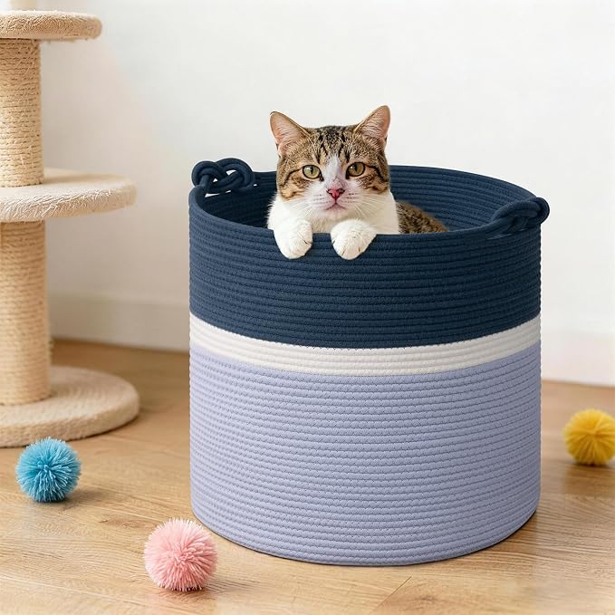 Goodpick 17"x16" Toy Storage for Kids, Home Décor Living Room, Baby Boy Gifts Basket for Nursery Playroom, Soft Woven Cotton Rope Basket for Blankets Pillows Clothes, Blue