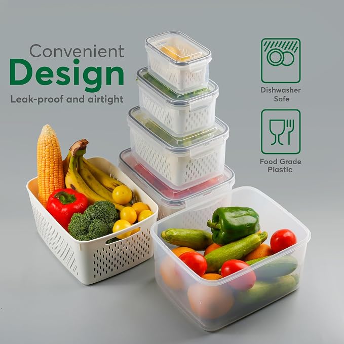 5 Set Fruit Storage Containers for Fridge with Colander, Produce & Veggie | Dishwasher safe, leakproof BPA-free plastic, stackable vegetable& fruit saver for refrigerator, keep berry salad meat fresh