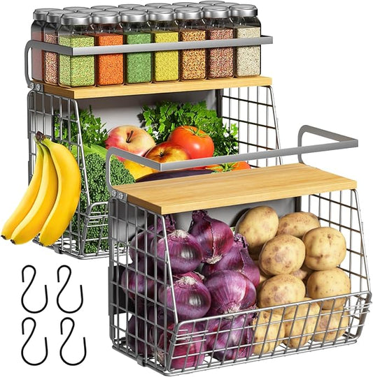 Magnetic Fridge Shelf with Wood Lid, Fruit Potato Onion Storage Bins, Pantry Organizers, Large Container Spice Rack for Refrigerator, Kitchen Counter, Cabinet (2, Silver)