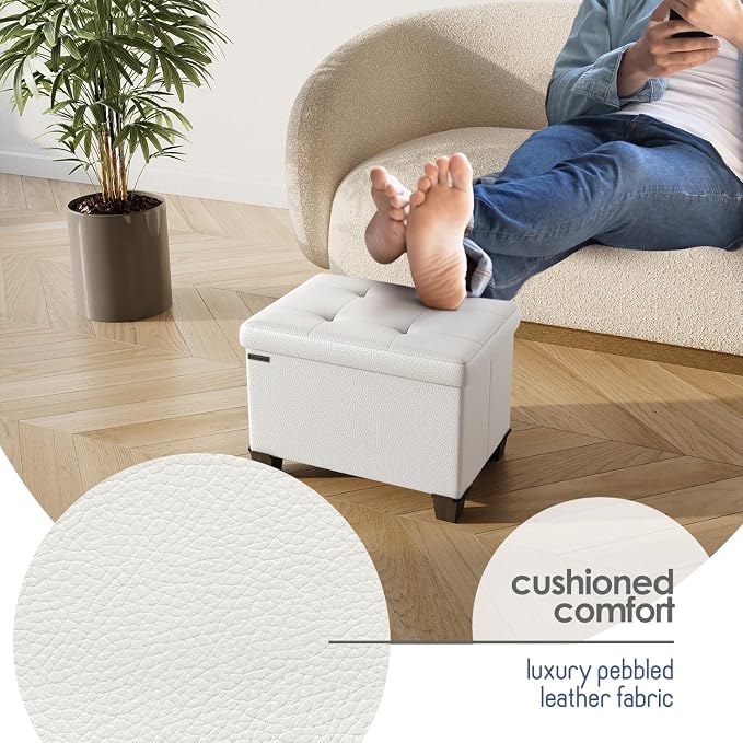 Storage Ottoman Cube with Small Bin, 16-in Square Ottoman with Storage for Living Room and Bedroom, Small Ottomans Foot Rest, Leather Foot Stools Ottomans Max 330lbs, Cream