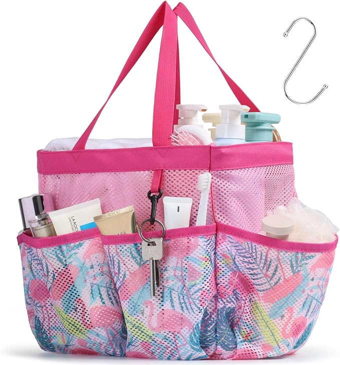 Mesh Shower Caddy Portable - 8 Pockets, S-Hook, Shower Bag for Dorm Camping | 2-Handle, Quick-Dry, Toiletry Organizer, College Dorm Room Essentials for Girls, Gym, Travel & Bathroom, Pink Flamingo