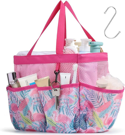 Mesh Shower Caddy Portable - 8 Pockets, S-Hook, Shower Bag for Dorm Camping | 2-Handle, Quick-Dry, Toiletry Organizer, College Dorm Room Essentials for Girls, Gym, Travel & Bathroom, Pink Flamingo