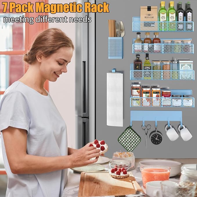 Magnetic Spice Rack for Refrigerator, 7 Pack Metal Magnetic Shelf Blue, Moveable Spice Organizer with Hook Rack, Paper Towel Holder, Kitchenware Holder, Strong Magnetic Storage Fridge Organizer