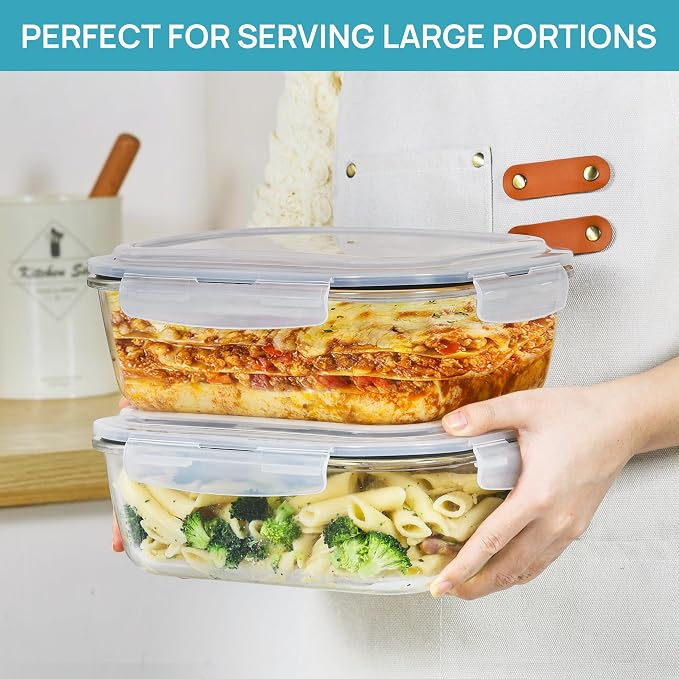 Vtopmart 2Pack 2260ml/76.4oz Extra Large Glass Storage Containers, Grey | Meal Prep Food Container Set with Snap Airtight Lids, Microwave, Oven, Freezer, Dishwasher Safe, Baking, BPA Free