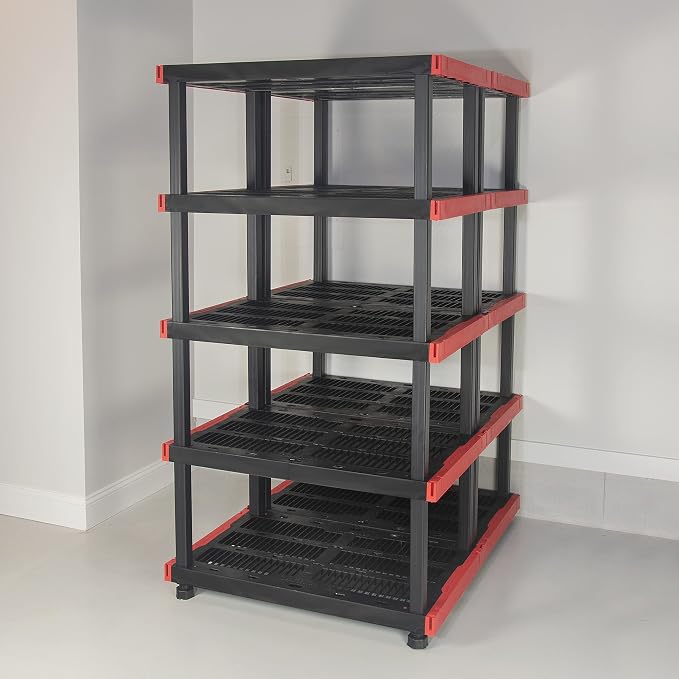 CX Craftsman 5-Tier Heavy Duty Plastic Storage Shelves, Garage Organization | 5-tier storage rack organizes garages, workshops & basements, 200 lb/shelf, 72.3H x 40W x 24D, easy assembly, black/red