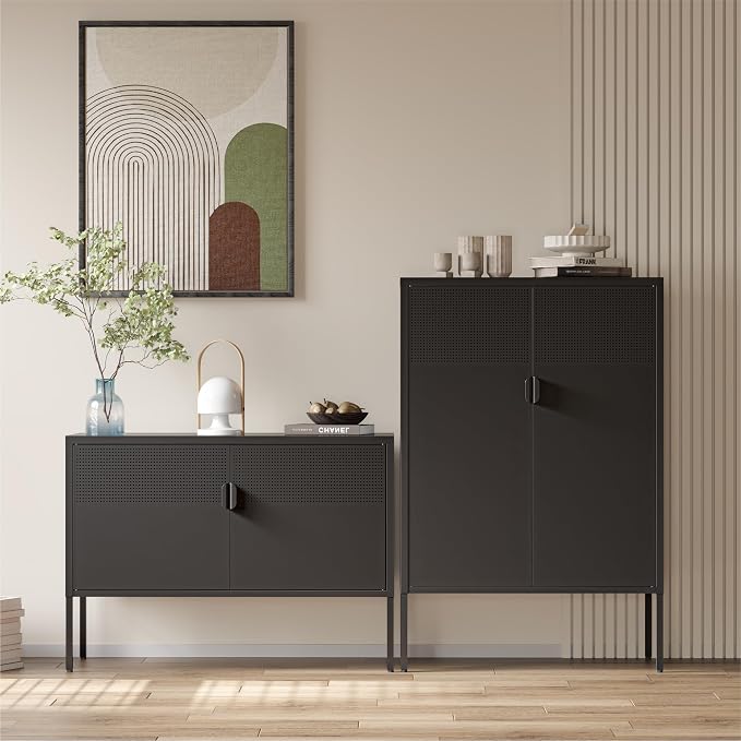 COFaR Black Metal Cabinet with Adjustable Shelves, 47”H Industrial Buffet Sideboard & Coffee Bar Station, Ventilated Steel Storage Cabinet with Magnetic Doors for Kitchen, Office, Living Room