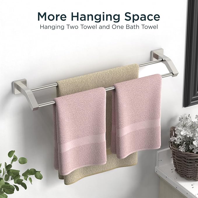 FORIOUS Double Towel Bar 24", Bathroom Towel Rack Square Brushed Nickel | Heavy Duty Towel Racks for Bathroom Bedroom, Space Saving, Rustproof, Stainless Steel Towel Holder, Total Length 26 Inch