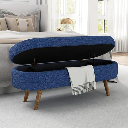 43.5” Storage Ottoman Bench，Upholstered Oval End of Bed Bench for Bedroom | Modern Linen Ottoman with Storage, Entryway Foot Rest with Wooden Legs, Lift-Top Lid with Safety Hinge, Living Room, Blue