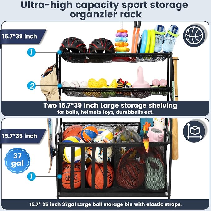 Kinghouse Garage Balls and Toy Organization, with 37 Gal Ball Storage Bin | Sports Rack with Hooks, Elastic Straps Storage for Basketball, Soccer, Tennis, Stick, Racket, Nerf Gun, Toy, Indoor, Outdoor