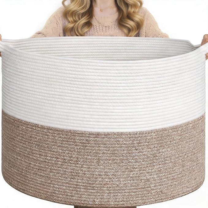 Goodpick 65L Large Woven Rope Basket for Blankets Living Room, 65L | 19.7 x 19.7 x 12.6 In Woven Basket for Storage, Kids Toy Storage for Playroom, Laundry Basket for Towels,Mele