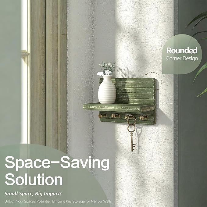Rebee Vision Small Key Holder Wall Mount with Shelf for Room Decor, Green | Pine Wood, 4 Key Hooks, Key Holder for Wall, Wooden Shelf, Room Decor Accent, Versatile Storage for Any Room