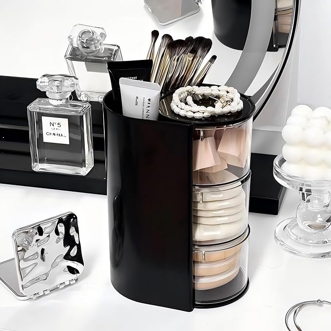 Azurphoric Hair Accessories Organizer with Hair Brush Holder(Black,3-Layer) | Rotatable Makeup Brush Holder for Necklaces, Earring, Bracelet, Ring, Makeup Brushes, Hair Clip and Hair Accessories