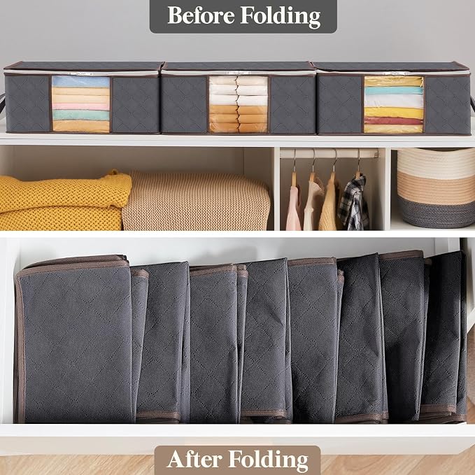 Lifewit 6 Pack Clothes Storage Bag, Foldable Storage Bin Closet Organizer with Reinforced Handle, Sturdy Fabric Blanket Storage with Clear Window, Storage Containers for Clothing, Bedding, Gray