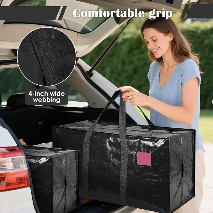 6 Pack Moving Bags with Full-Open Side Zipper, Extra Large 93L Heavy Duty Waterproof Foldable Storage Totes for College Dorm, Moving & Home Organization Black