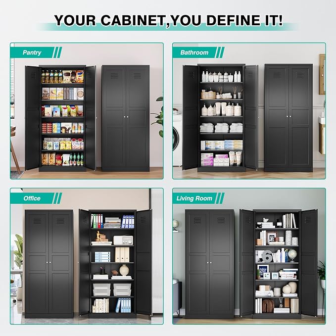 SISESOL Black Storage Cabinet,71" Tall Pantry Cabinet,Kitchen Pantry Storage Cabinets with 2 Doors and 5 Shelves,Wide Deep Metal Food Cupboard for Home,Kitchen,Dining/Living Room