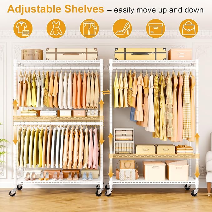 Rolling Clothes Rack, Clothing Racks for Hanging Clothes, White | P5 Plus Heavy Duty Garment Rack with Wheels, 3-Tier Shelves, Portable Closet Racks 45''W × 20.5''D × 80.5''H, Max Load 660Lbs