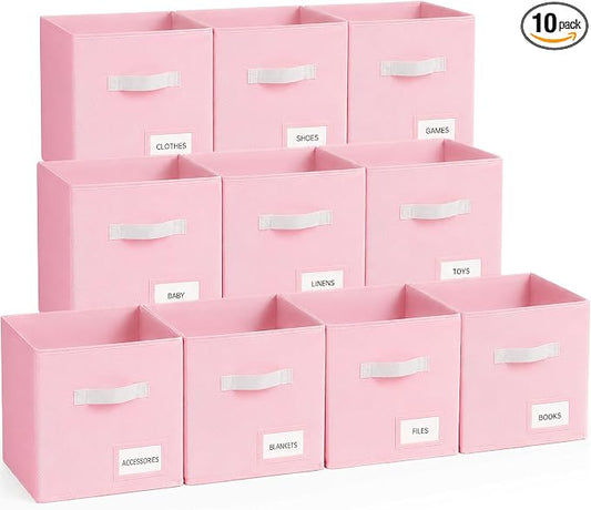 Storage Cubes 10 Pack, 11 Inch Fabric Storage Bins Organizer with Labels, Odor-Free & Sturdy PP Structure, Collapsible Cubby Baskets for Closet, Shelves, Toys & Nursery (Pink)