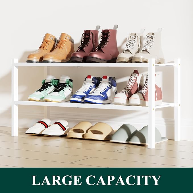 Smiry Bamboo Shoe Rack, 12 Vertical Slats, 2 Tier - 26.8" Wide, White | Stackable Free Standing Wooden Shoe Organizer, Wood Shoe Storage Shelf for Closet, Entryway