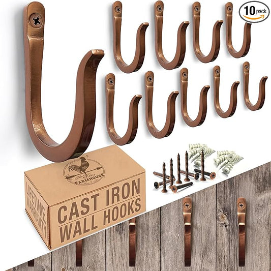 Antique Copper Railroad Spike Cast Iron Hooks (10 Pack) Handmade Blacksmith, Wall Mounted Decorative Hooks, PowderCoated for Interior or Exterior Use, Rust Proof for Hanging Coats, Bags or Pots