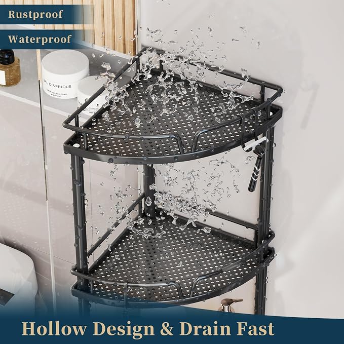 Consumest Corner Shower Caddy Stand - 4 Tier Shower Organizer with Soap Holder, Tall Floor Corner Shelf Standing with Adjustable Feet & 4 Hooks, Storage Rack for Bathroom Black
