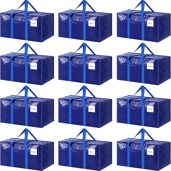 12 Pack Extra Heavy Duty Large Moving Bags with Strong Zipper & Comfortable Handles, Sturdy & Durable Clothes Storage Bags Totes Bins, Packing Moving Boxes for College Supplies, Blue