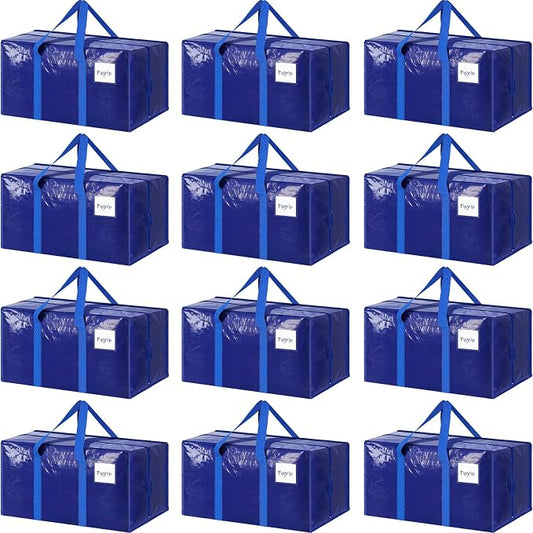 12 Pack Extra Heavy Duty Large Moving Bags with Strong Zipper & Comfortable Handles, Sturdy & Durable Clothes Storage Bags Totes Bins, Packing Moving Boxes for College Supplies, Blue