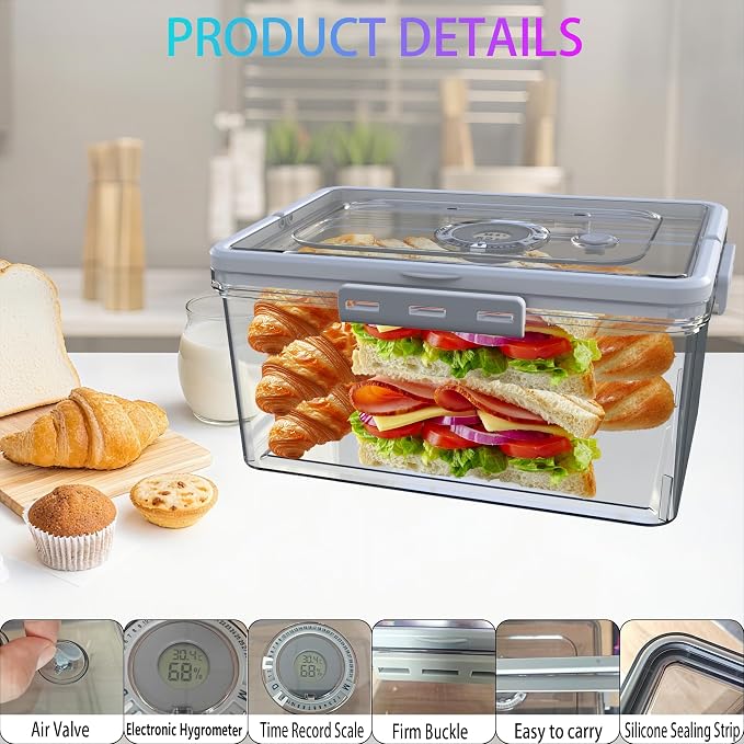 Bread Box With Digital Hygrometer, Portable Bread Boxes with Lid and Handle,New Upgrade Time Recording Bread Storage Container for Homemade Breads,Toast, Bagel, Donut and Cookies,Gifts for Mom Dad