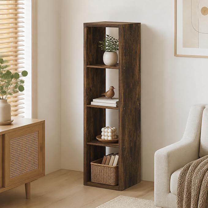 4-Cube Tall Cubicle Bookshelf, Cube Bookcase with Open Back, Reversible Book Shelf, Cube Storage Organizer, 15 x 16 x 58, for Living Room, Home Office, Amber Pine