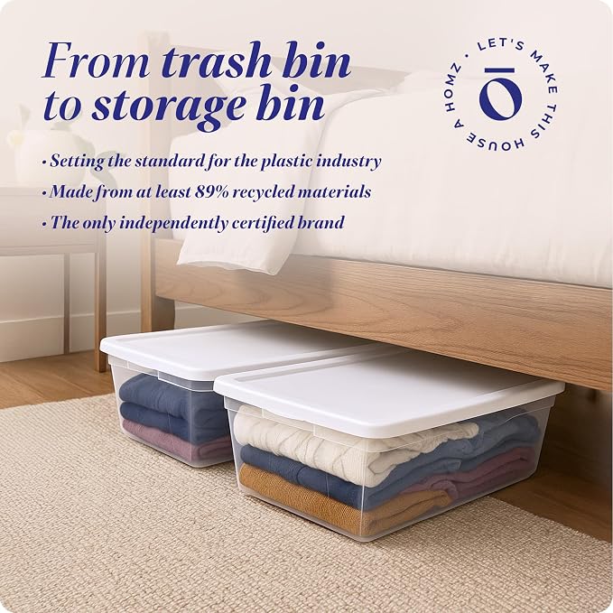 HOMZ Snaplock Clear Plastic Bin 41 Quart/10 Gallon | Storage Tote with Secure Lid | for Home, Office, Garage, Dorm Room Organizer | Stackable & Nestable | White Lid, Pack of 2