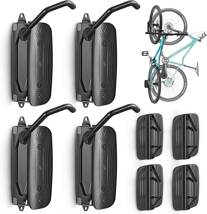 monTEK Swivel Bike Wall Mount, Bike Hangers for Garage, 4 Pack | Heavy-duty vertical wall bike storage rack swivels 150° to save space; holds 66 lb each and fits tires up to 3.54 in wide