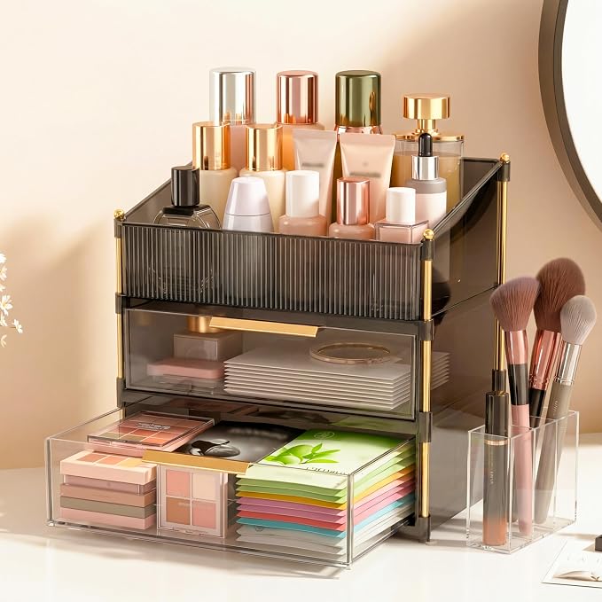 Large Capacity Makeup Organizer Countertop with Brush Holder, Vanity Skincare Perfume Storage Box for Bathroom, Mother's Day Birthday Anniversary Teen Girl Gifts for Women Mom