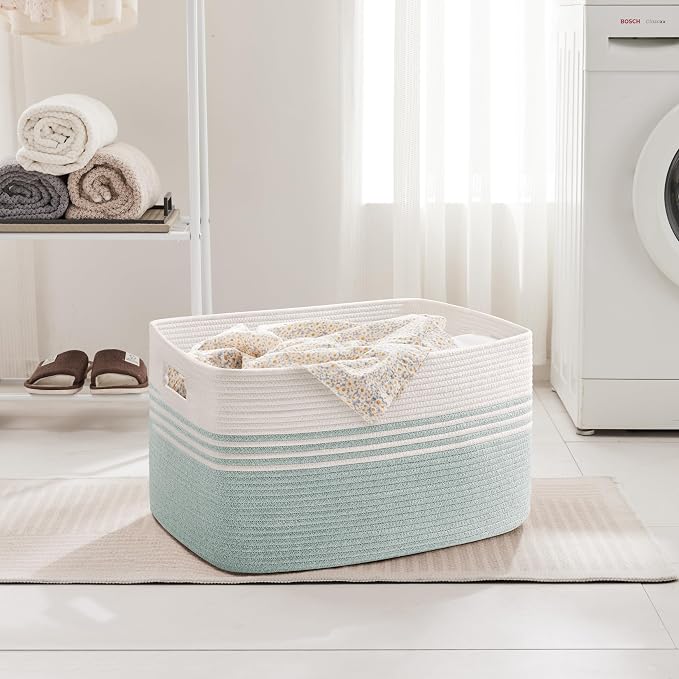 100L Extra Large Woven Laundry Basket Hamper with Handles, Green | collapsible wicker hamper, storage for dirty clothes, toys, blankets, gifts, living room, bedroom, bathroom, 24"x16"x16"