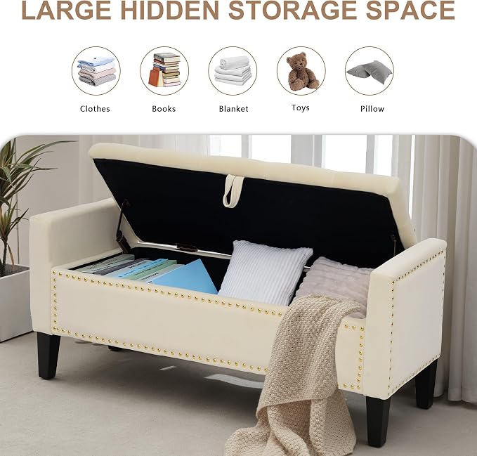 Velvet Ottoman with Storage, 46'' Upholstered Button Tufted End of Bed Bench with Arms, Modern Storage Bench for Living Room, Bedroom, Entryway, Beige