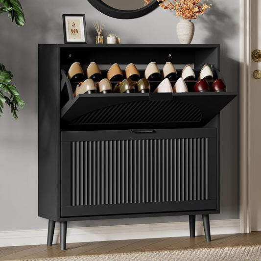 Xixini Shoe Storage Cabinet with 2 Flip Drawers, 36" Tall Narrow Wood Fluted Shoe Organizer for Entryway, Freestanding Wooden Hidden Slim Shoe Rack for Front Door Entrance, Hallway, Foyer, Solid Black