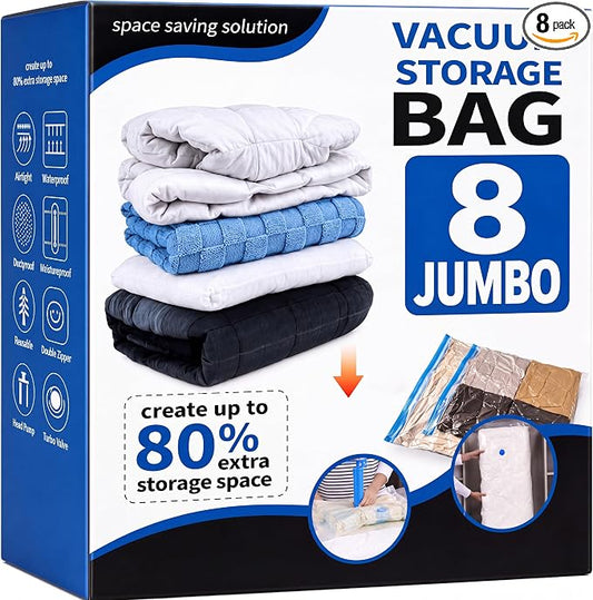 Jumbo Vacuum Storage Bags, 40 x 31 in, 8 Pack XXL Space Saver Bags, with Hand Pump, Vacuum Seal Bags for Blankets, Comforters, Bedding, Pillows, and Clothes