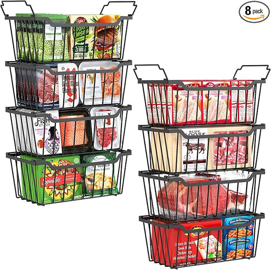SUNALLY Freezer Organizer Bins, 8 Pack Stackable Pantry Storage Bins, Black | Chest Freezer Organizer for 5-7 Cu.FT Deep Freezer to Sort Frozen Meats & Food, Wire Baskets for Pantry Organizers & Storage