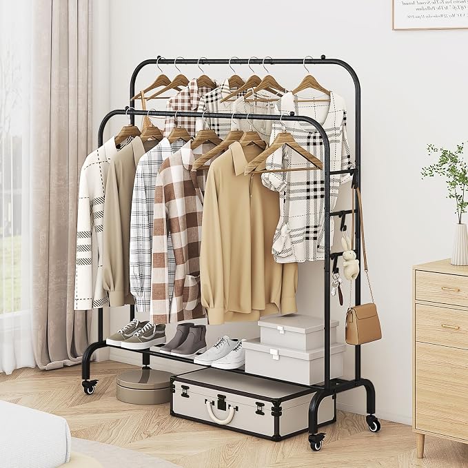 SUOERNUO Clothes Rack with Lockable Wheels Double Rods Metal Garment Racks | Portable Heavy-Duty Clothing Rack with Bottom, Rolling Clothes Shelves for Bedroom Laundry Living Room, Black