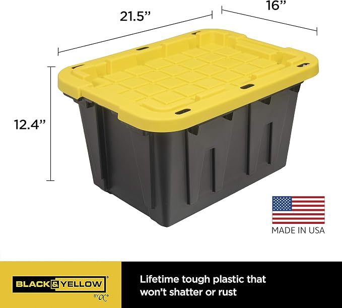 CX Heavy Duty 12-Gallon Stackable Plastic Storage Bins with Lids, 4 Pack | Storage totes for garage organization, Stackable containers, weather-resistant, snap lid, 12.5H x 16.3W x 21.8D, Black/Yellow